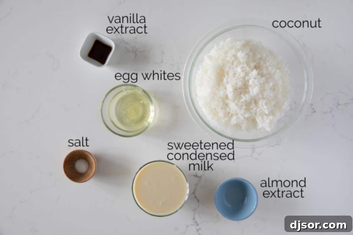 Essential Ingredients for Chewy Coconut Macaroons A selection of essential ingredients laid out for making coconut macaroons, including shredded coconut, condensed milk, and extracts.