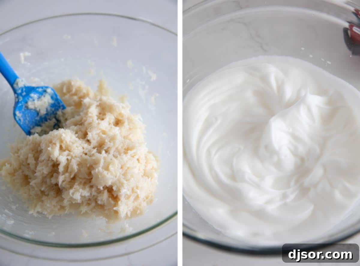 Mixing Ingredients for Homemade Macaroons Two steps of making coconut macaroons: mixing the coconut base ingredients and whipping egg whites to stiff peaks.