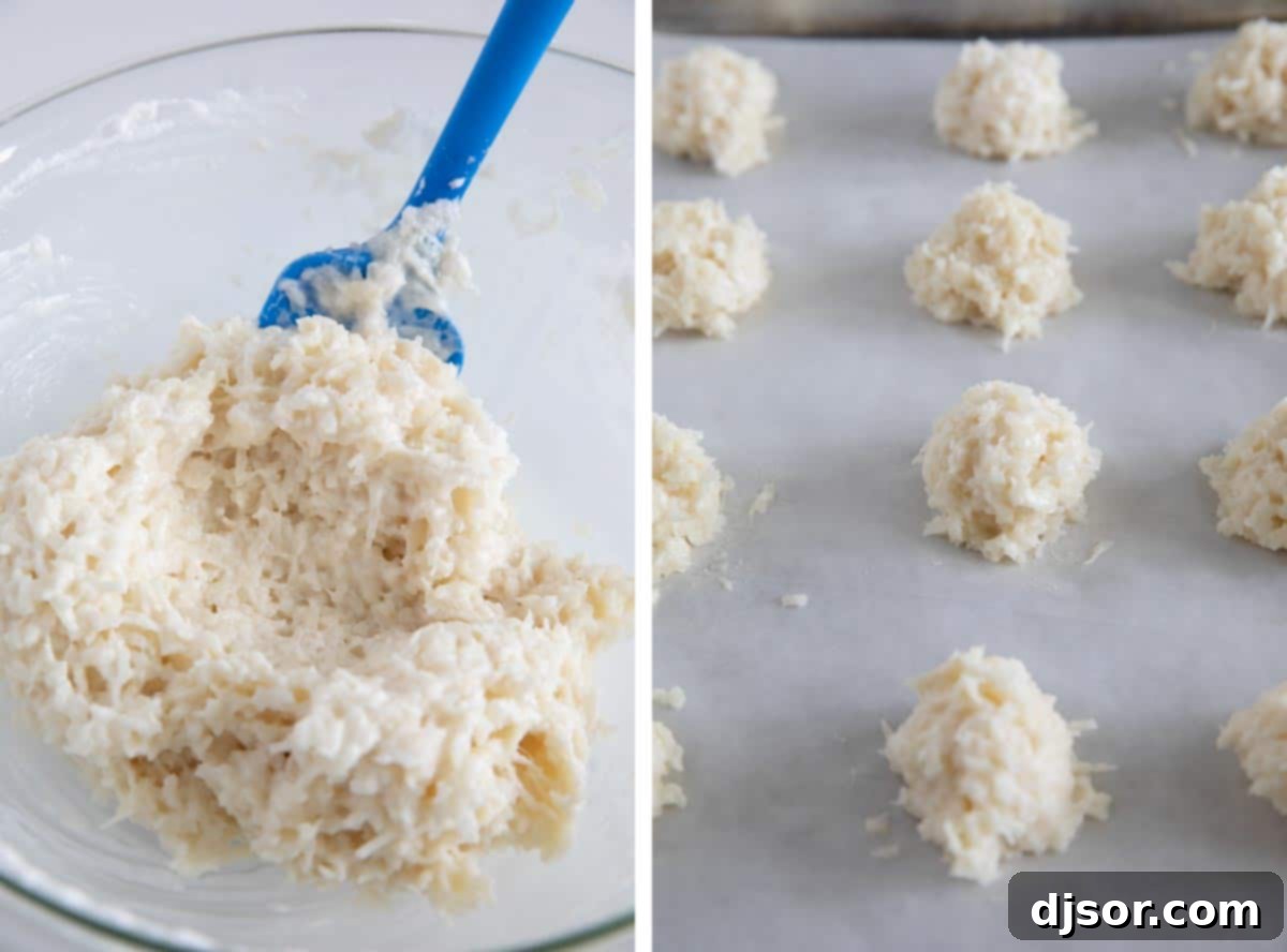 Shaping Coconut Macaroon Batter Folding whipped egg whites into the coconut mixture and scooping the macaroon batter onto a parchment-lined baking sheet.