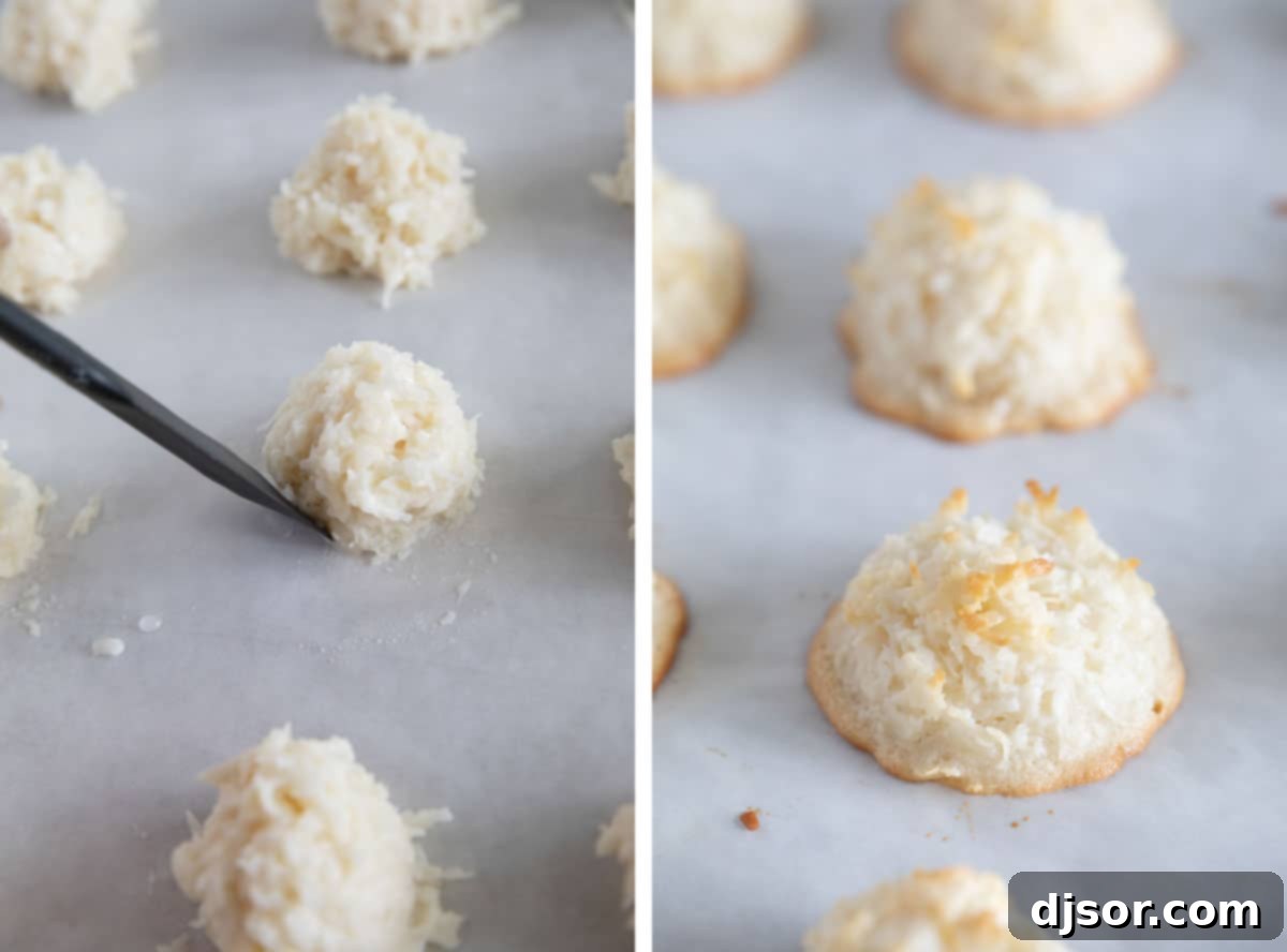 Baking Homemade Coconut Macaroons Freshly baked coconut macaroons cooling on a wire rack after being removed from the oven, showing their golden brown exterior.