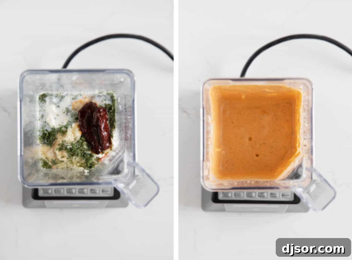Simple Blending Process Blender filled with all the ingredients for Chipotle Ranch Dressing before blending, showcasing the creamy base and vibrant chipotle peppers.