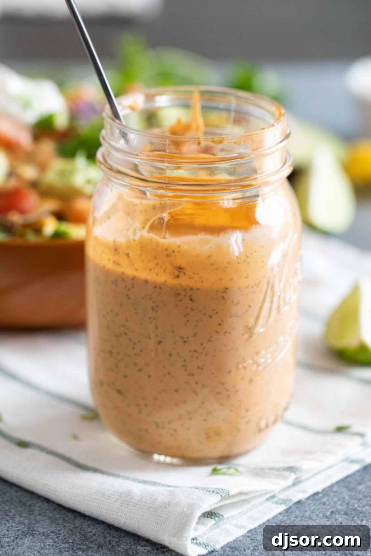 Ready-to-Serve Chipotle Ranch Mason jar filled with freshly made Chipotle Ranch Dressing, sealed and ready for refrigeration or serving.