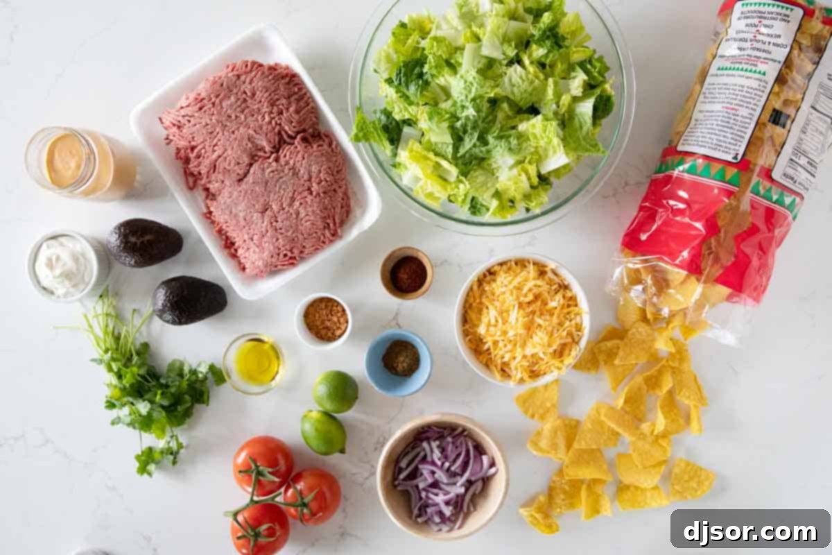 All of your favorite taco flavors, in salad form! This Taco Salad is a taco lovers favorite, and it an easy weeknight meal. It’s also great to set out buffet style so everyone can top their salad with their own favorites! ingredients for Taco Salads