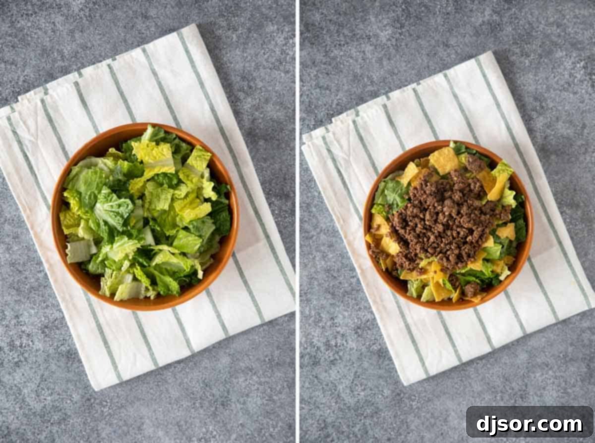 Fiesta Salad Bowl 3 Adding lettuce, chips, and taco meat to a Taco Salad.