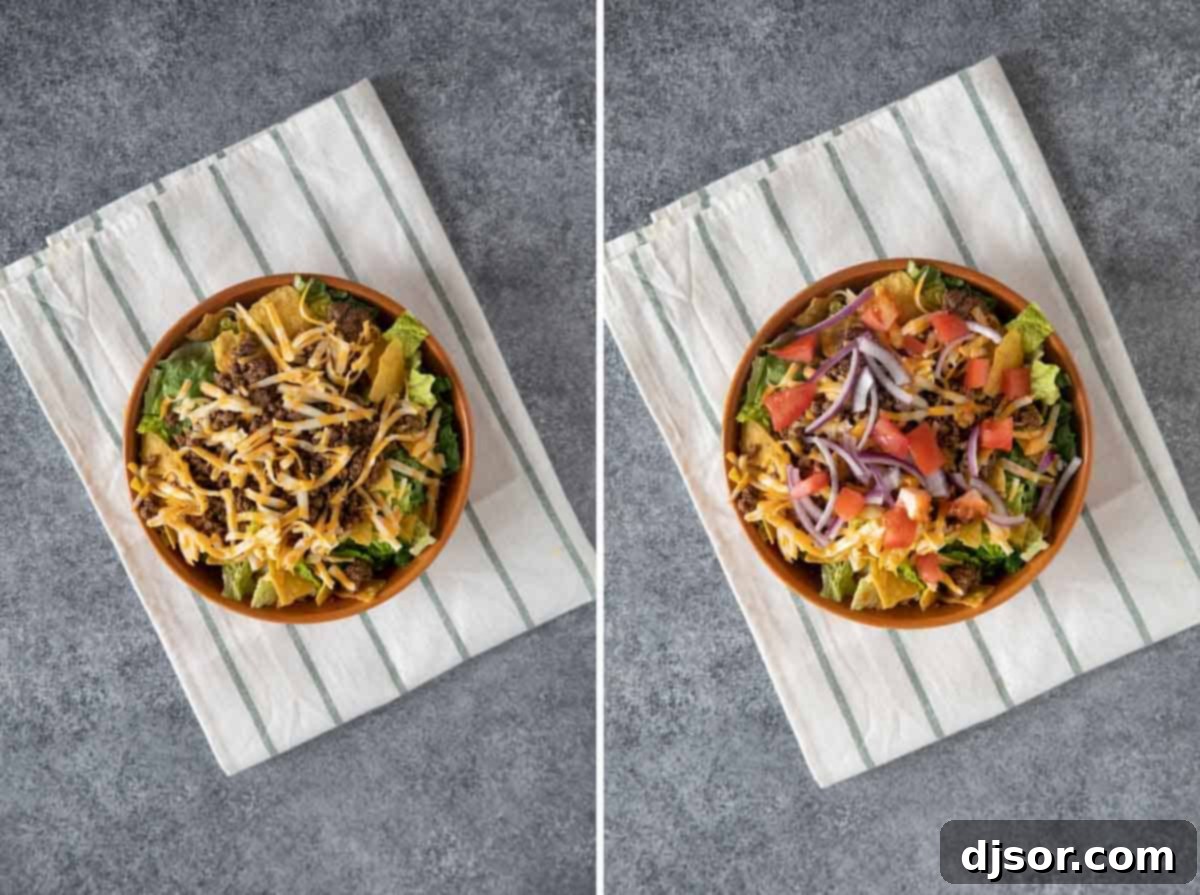 Fiesta Salad Bowl 4 Assembling a taco salad with cheese, tomatoes, and onions.