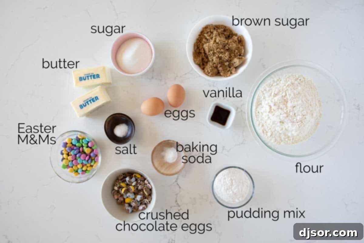 A super soft cookie filled with lots of Easter candy, these Easter Cookies are perfect the weeks leading up to Easter! The pastel colors scream spring, and the flavor and texture will have you coming back for more. ingredients to make Easter Cookies