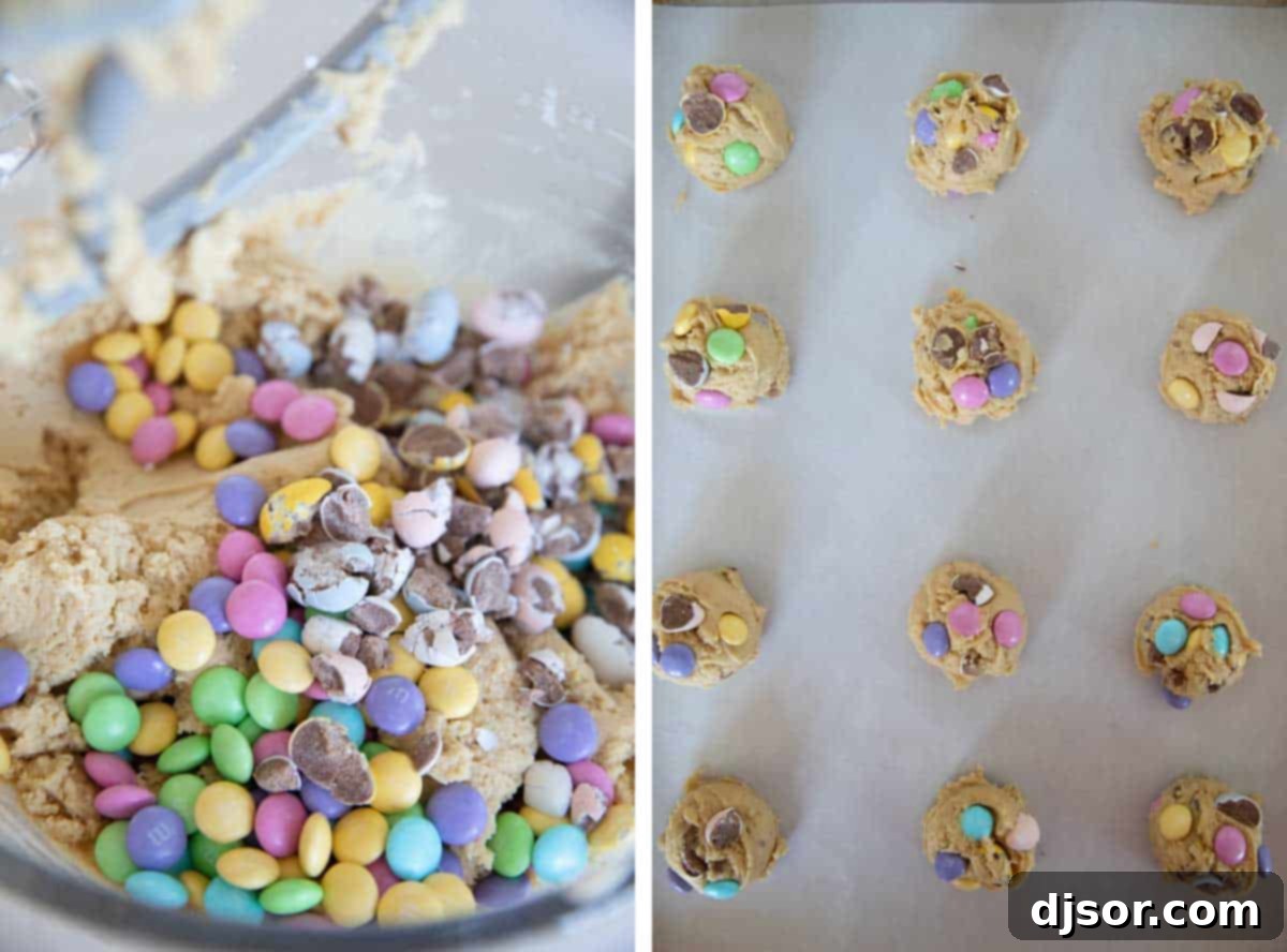 A super soft cookie filled with lots of Easter candy, these Easter Cookies are perfect the weeks leading up to Easter! The pastel colors scream spring, and the flavor and texture will have you coming back for more. mixing Easter candy into cookie dough and scooping into cookies