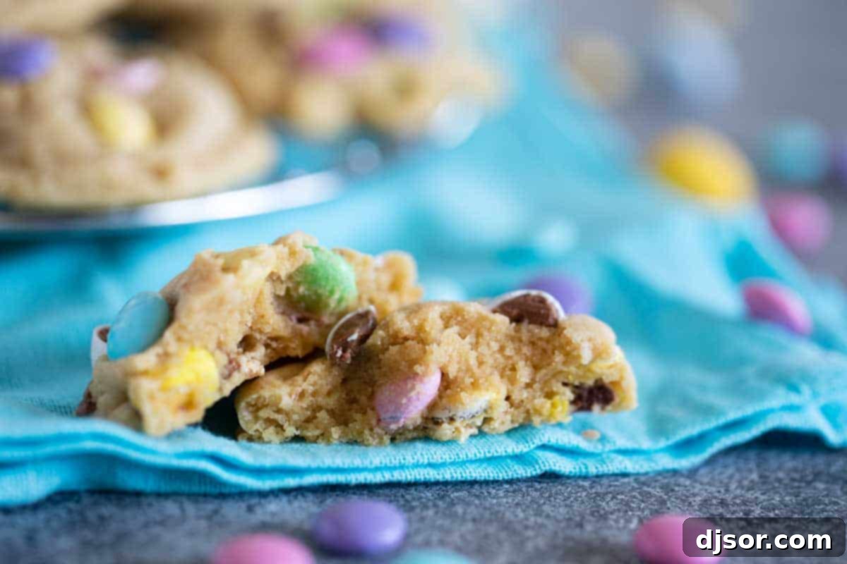 A super soft cookie filled with lots of Easter candy, these Easter Cookies are perfect the weeks leading up to Easter! The pastel colors scream spring, and the flavor and texture will have you coming back for more. texture of super soft pudding cookie with easter candy