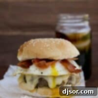 Bacon and Egg Burger on a cutting board, ready to be served