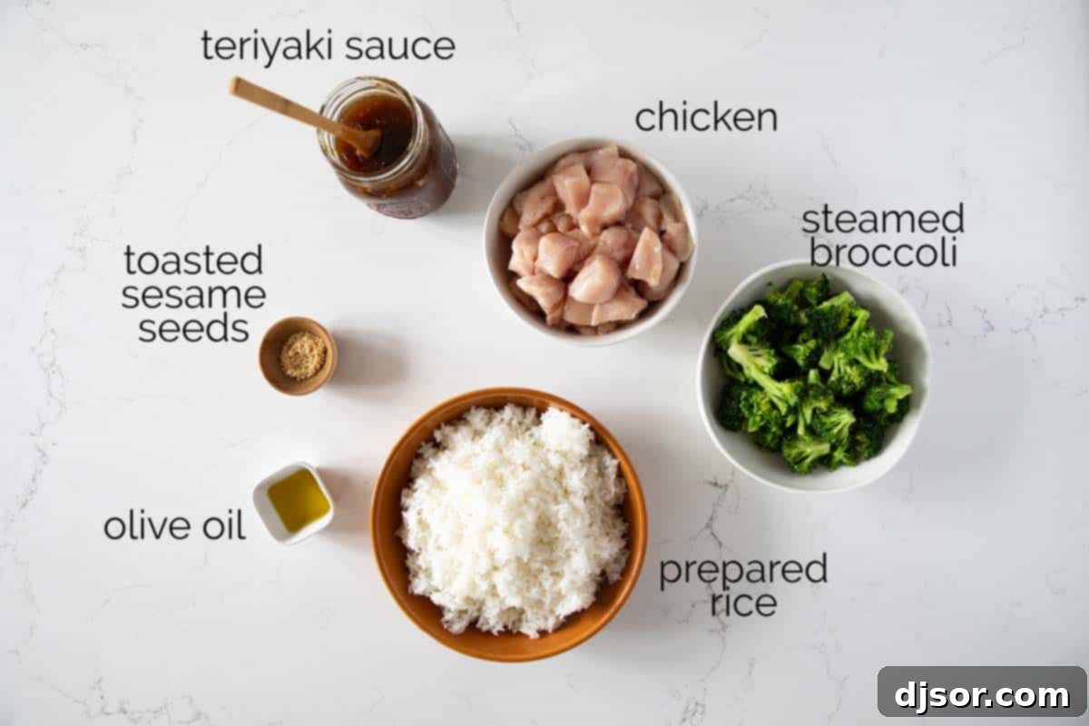 An easy and tasty weeknight meal, these Teriyaki Chicken Bowls are on the table in no time at all and are great for those nights that you don’t feel like cooking. Ingredients laid out for Teriyaki Chicken Bowls, including chicken, teriyaki sauce, olive oil, and sesame seeds.