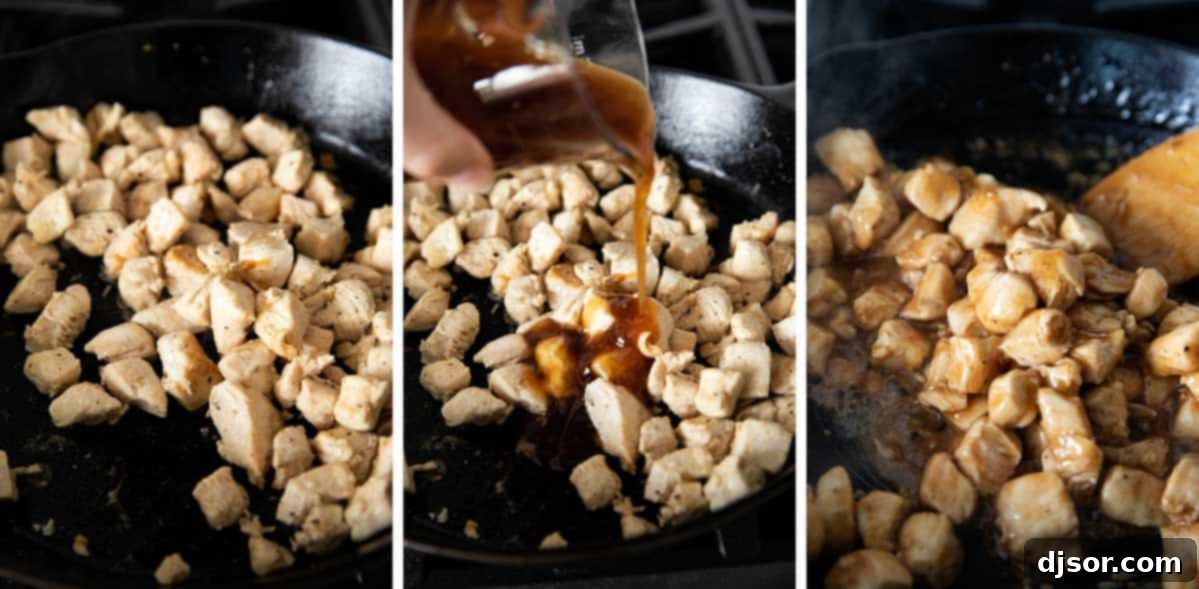 An easy and tasty weeknight meal, these Teriyaki Chicken Bowls are on the table in no time at all and are great for those nights that you don’t feel like cooking. Steps showing chicken being cooked in a skillet, seasoned and then glazed with teriyaki sauce.