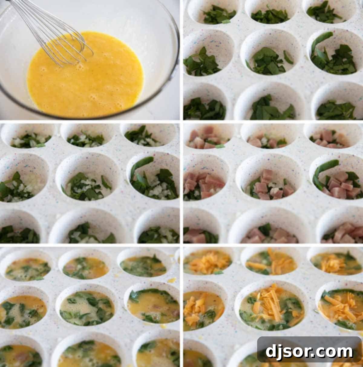 A great make ahead or breakfast on the go, these Egg Muffins and super simple, and super versatile! Step-by-step visuals showing the process of preparing Egg Muffins, from mixing ingredients to filling the muffin tin.