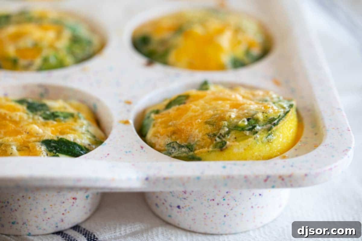 A great make ahead or breakfast on the go, these Egg Muffins and super simple, and super versatile! Freshly baked Egg Muffins in a silicone muffin pan, showcasing their perfect shape and golden-brown tops.