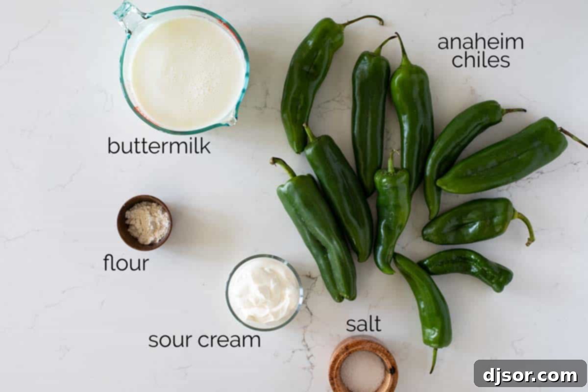 Verde Enchilada Sauce 3 Collection of fresh ingredients for green enchilada sauce, including Anaheim chiles, buttermilk, flour, and sour cream.