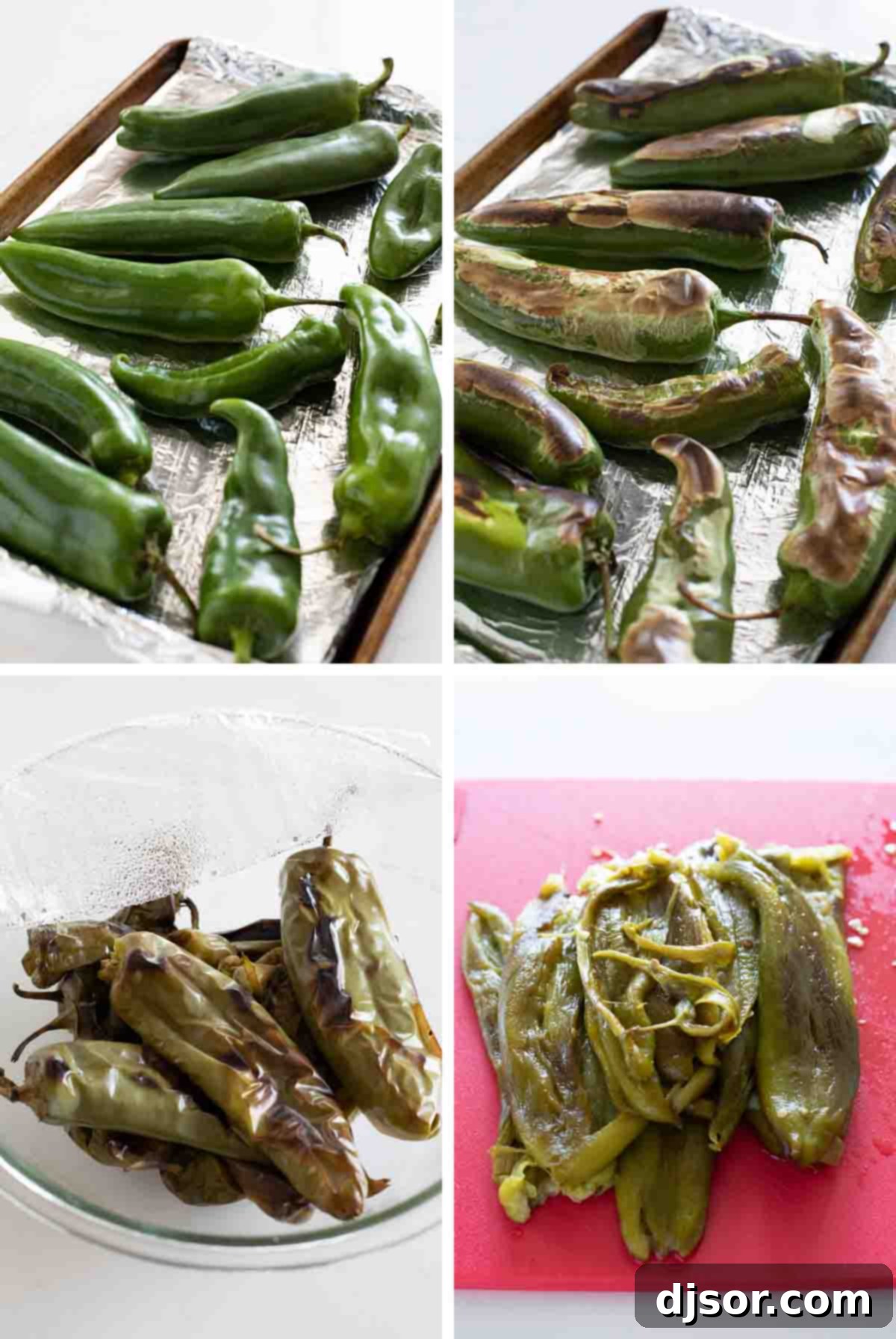 Verde Enchilada Sauce 4 Step-by-step guide showing how to roast chiles in the oven for green enchilada sauce.