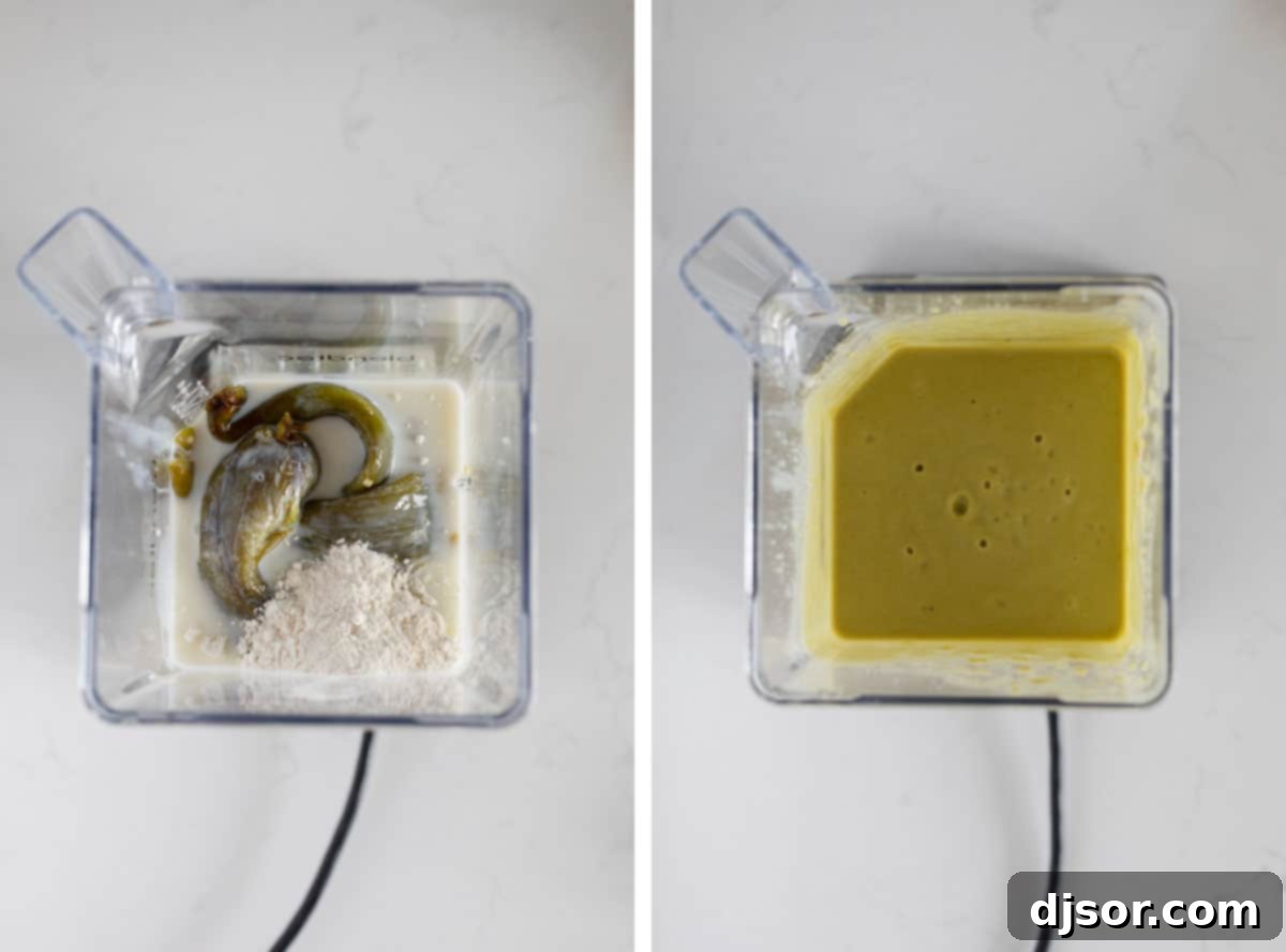 Verde Enchilada Sauce 5 Close-up of roasted chiles, buttermilk, and flour being blended in a food processor to create green enchilada sauce.