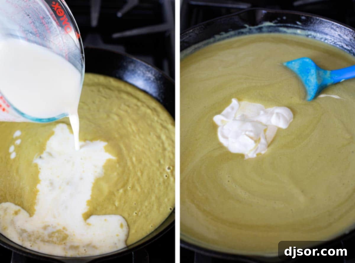 Verde Enchilada Sauce 6 Green enchilada sauce simmering in a skillet on a stovetop, showing the creamy texture.