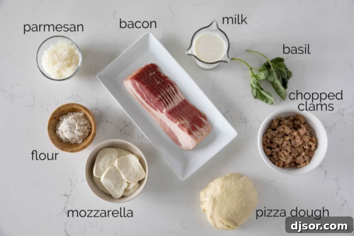 Gather your high-quality ingredients for a homemade Clam Pizza with Bacon masterpiece. Array of fresh ingredients for clam pizza with bacon, including canned clams, bacon, cheese, and basil.