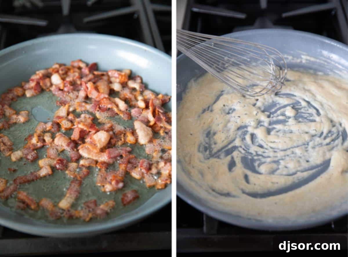 The initial steps: crisping bacon and preparing the base for the creamy alfredo sauce. Skillet with frying bacon and a separate pot beginning to cook alfredo sauce.