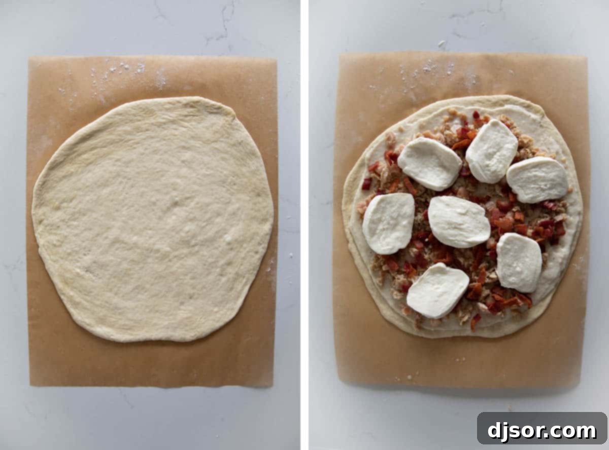 Layering the delicious toppings: creamy alfredo, succulent clams, crispy bacon, and fresh mozzarella. Pizza dough being topped with alfredo sauce, clams, bacon, and mozzarella cheese.