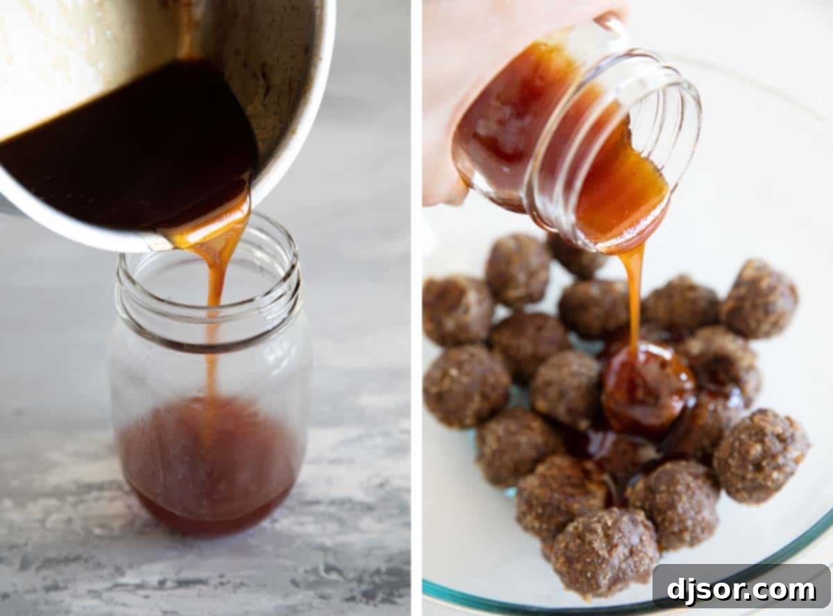 Skip the jarred version, and make it at home! This Sweet and Sour Sauce is so easy, and you probably have all of the ingredients on hand already! pouring sweet and sour sauce into a jar and over meatballs