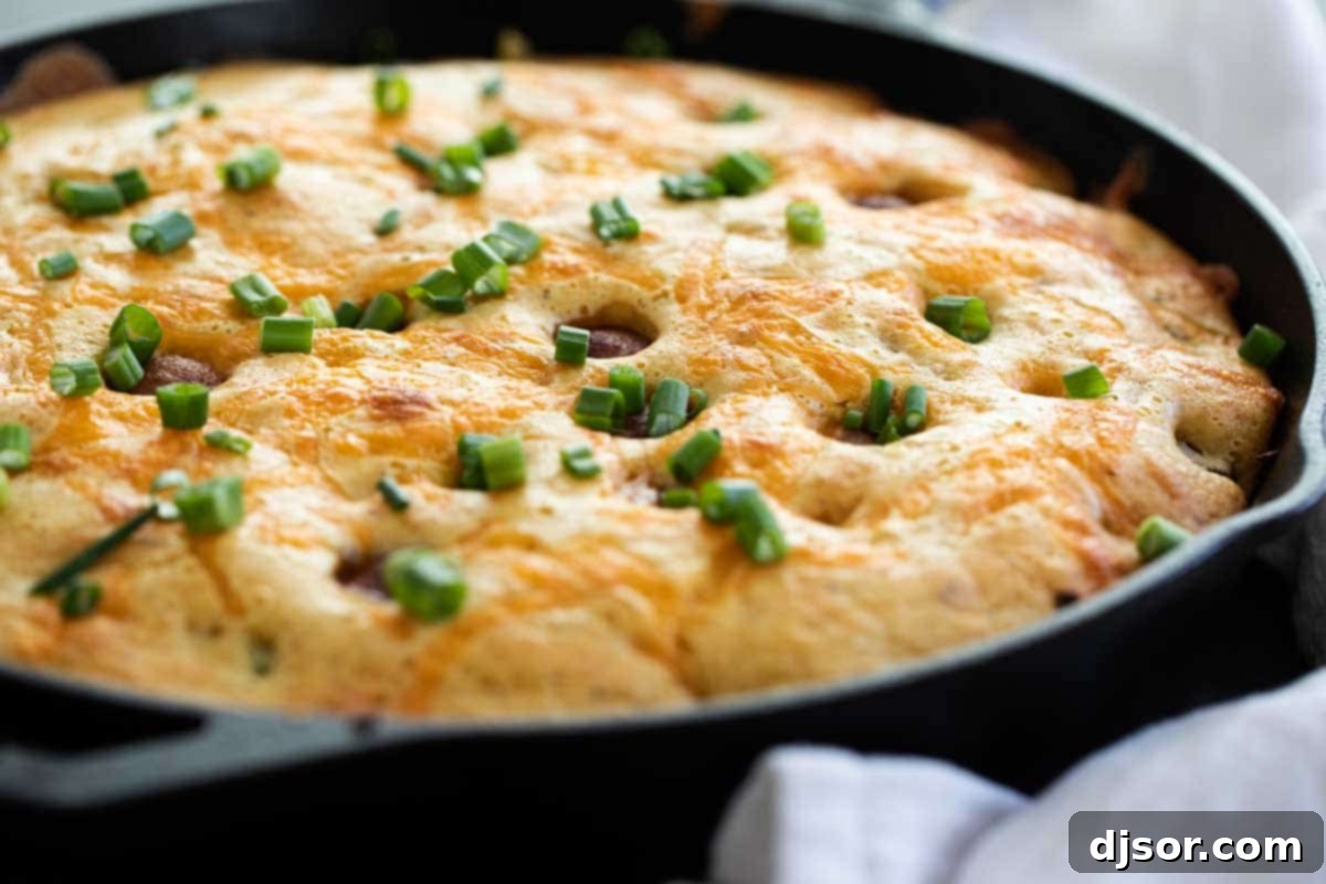 Corn Dog Casserole in a Cast Iron Skillet