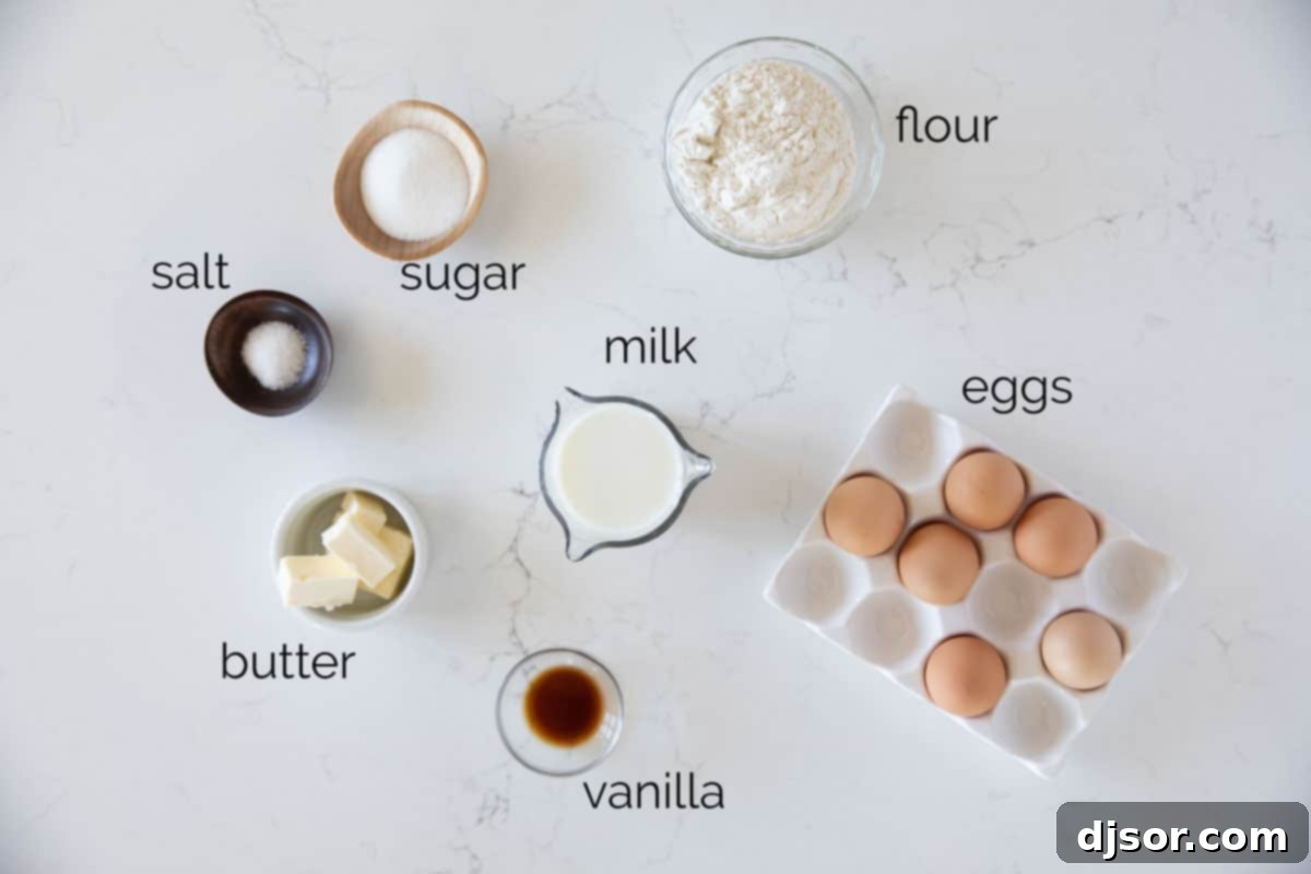 Fresh ingredients laid out on a kitchen counter, ready to be combined for a delicious Dutch Baby pancake