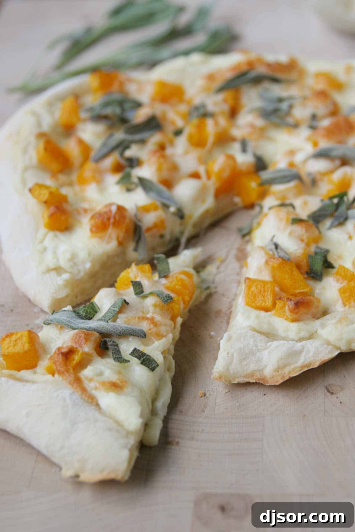 Roasted Butternut Squash and Sage Pizza 2 A perfectly baked slice of Butternut Squash and Sage Pizza, topped with melted cheese and fresh herbs.