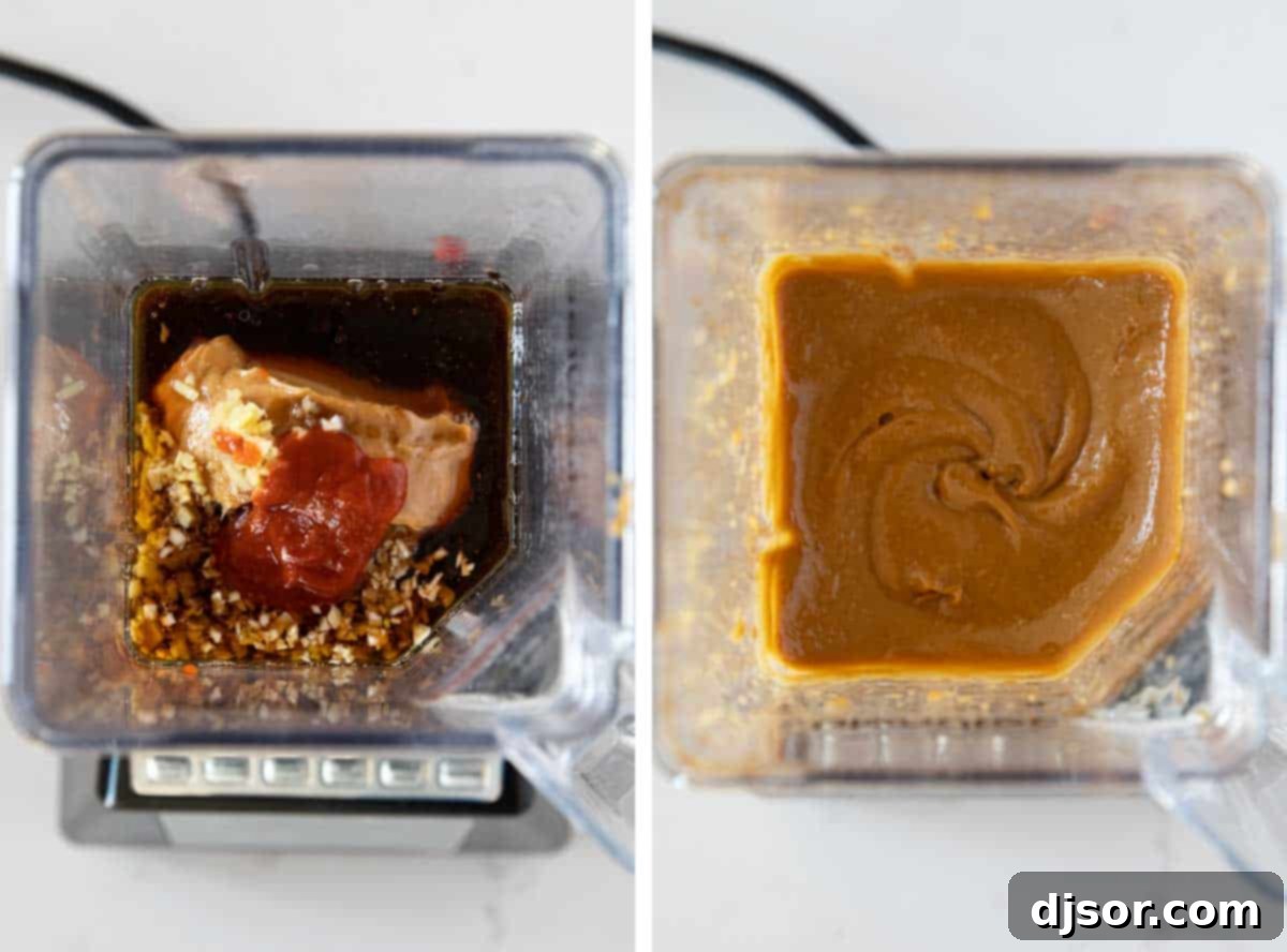 Close-up shot of a blender filled with all the ingredients for peanut sauce, mid-blend, creating a creamy mixture.