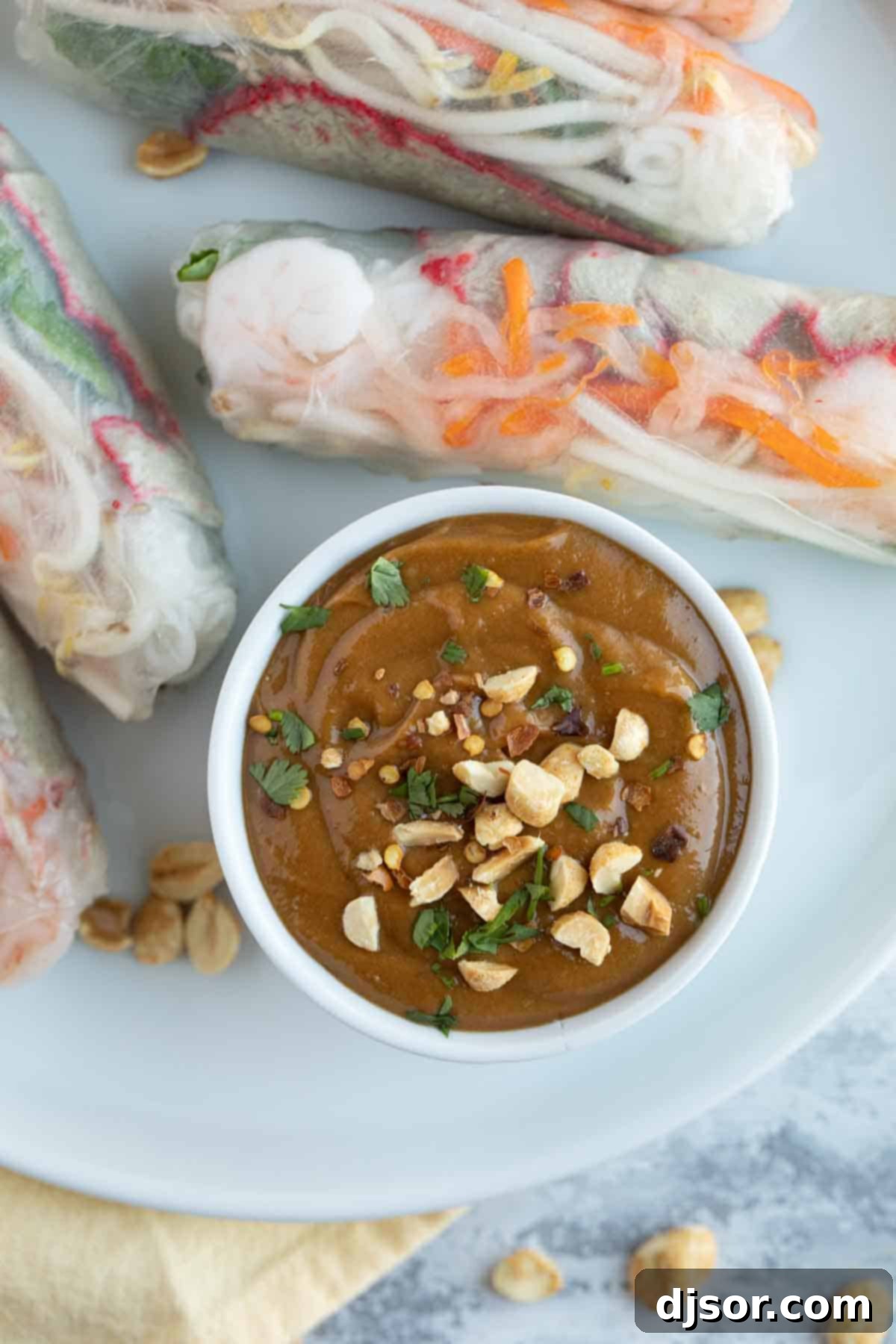 A close-up of creamy peanut sauce served in a rustic bowl, garnished with a sprinkle of chopped peanuts and fresh cilantro for a vibrant touch.