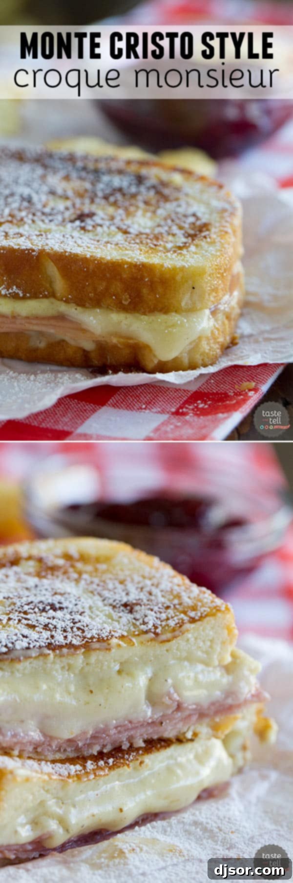 A beautifully presented Monte Cristo-style Croque Monsieur sandwich, golden brown and garnished with fresh herbs, ready to be enjoyed.