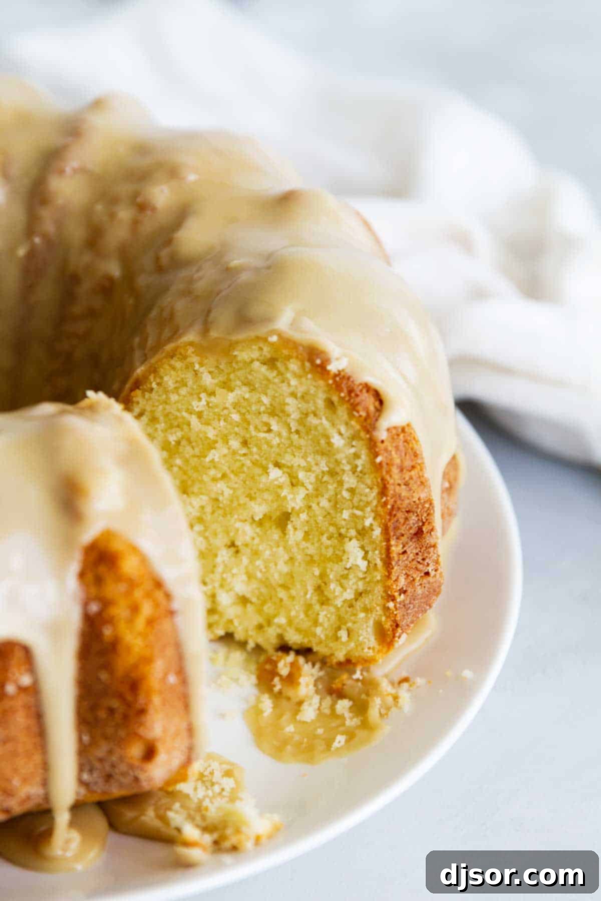Slice of Buttermilk Pound Cake with Caramel Icing