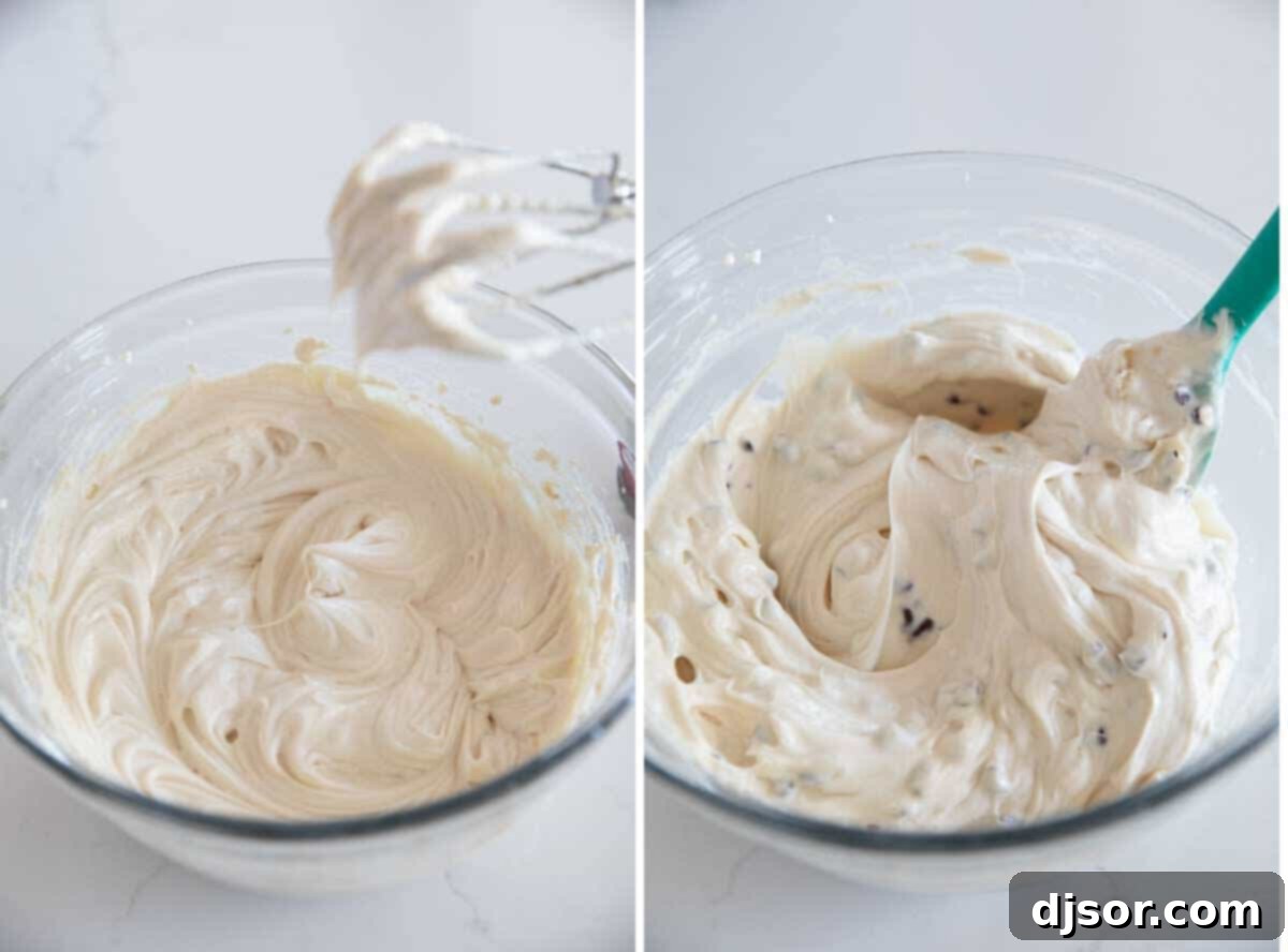A bowl of cream cheese mixture for caramel apple dip, with a second image showing the dip topped with a smooth layer of caramel.
