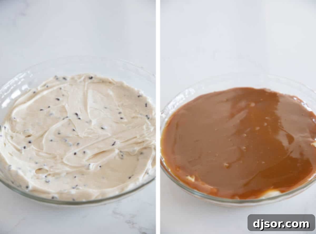 Close-up of the smooth cream cheese mixture for caramel apple dip, alongside a serving dish with the dip topped with a generous layer of caramel.