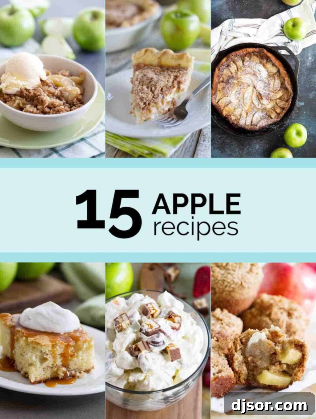 A collage of six inviting apple desserts, with a text bar in the middle highlighting fall apple recipes.