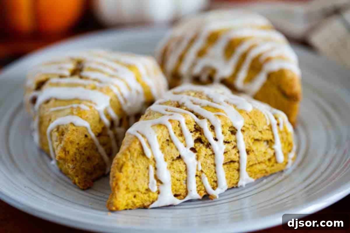 Perfect for breakfast or as an afternoon snack, these Pumpkin Scones are tender and full of fall flavor. They are perfectly light, fluffy, and moist. Three perfectly iced pumpkin scones, artfully arranged on a pristine white plate, showcasing their delightful texture.