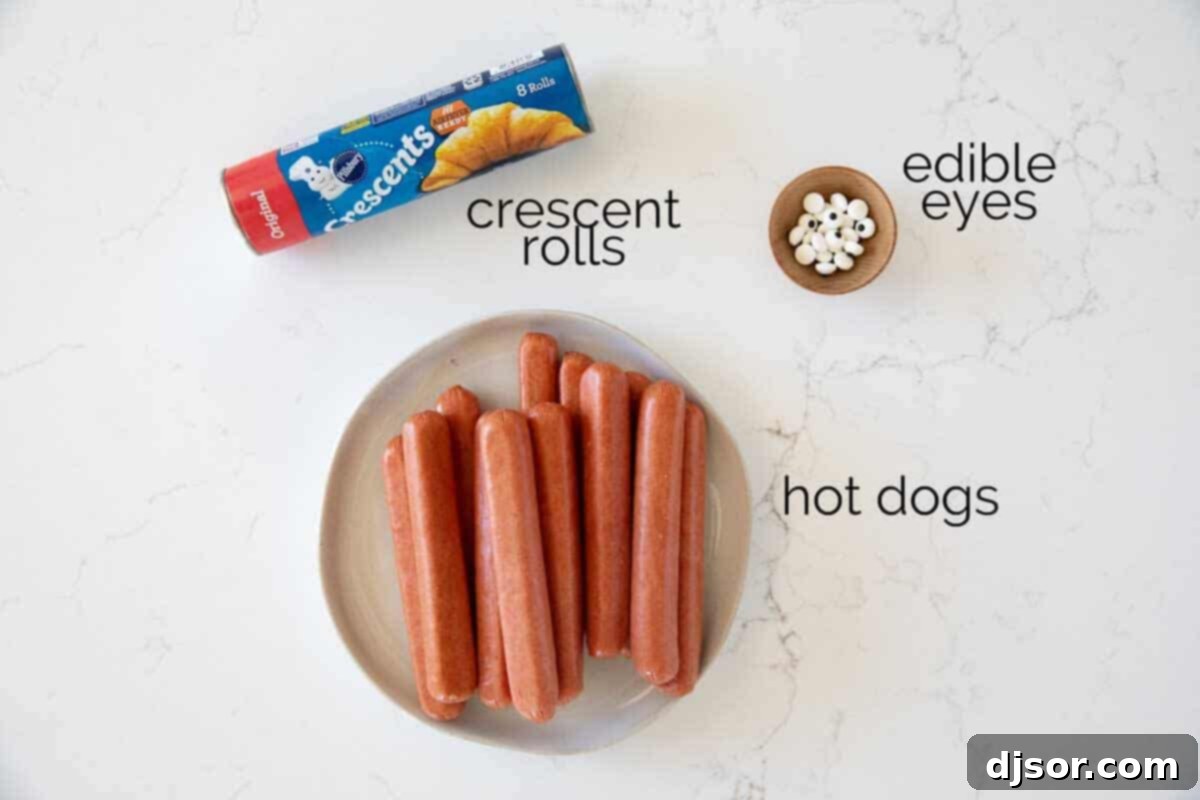 Perfect for Halloween or for a spooky dinner or lunch, these Mummy Hot Dogs are kid approved and couldn’t be easier! Ingredients for Mummy Hot Dogs.