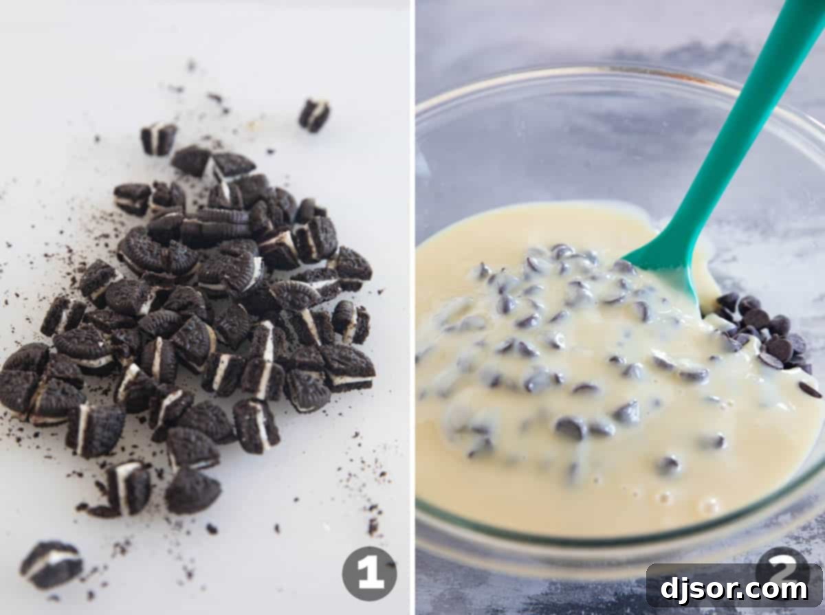 Ultimate Oreo Fudge Delight 4 The process of making Oreo Fudge, showing chopped Oreos and chocolate chips being mixed with sweetened condensed milk in a bowl.
