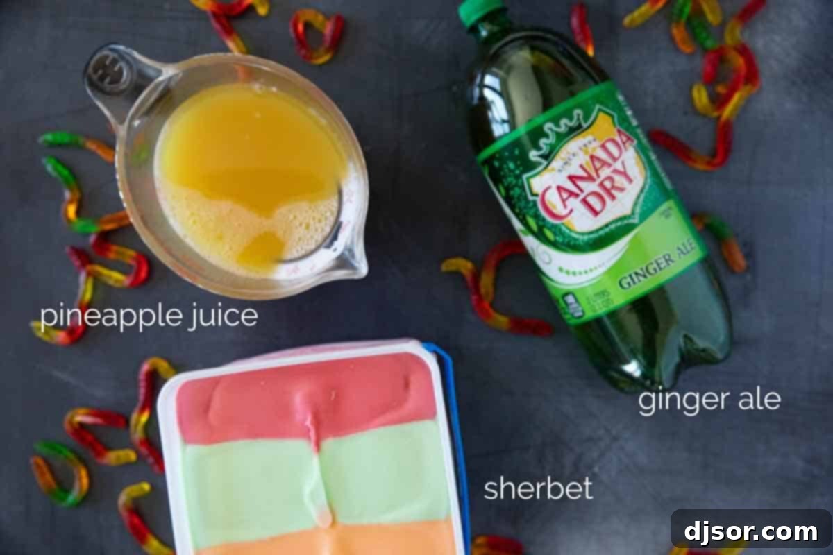 Ingredients for Witches Brew Key ingredients laid out on a table for making Witches Brew: ginger ale, pineapple juice, and rainbow sherbet.