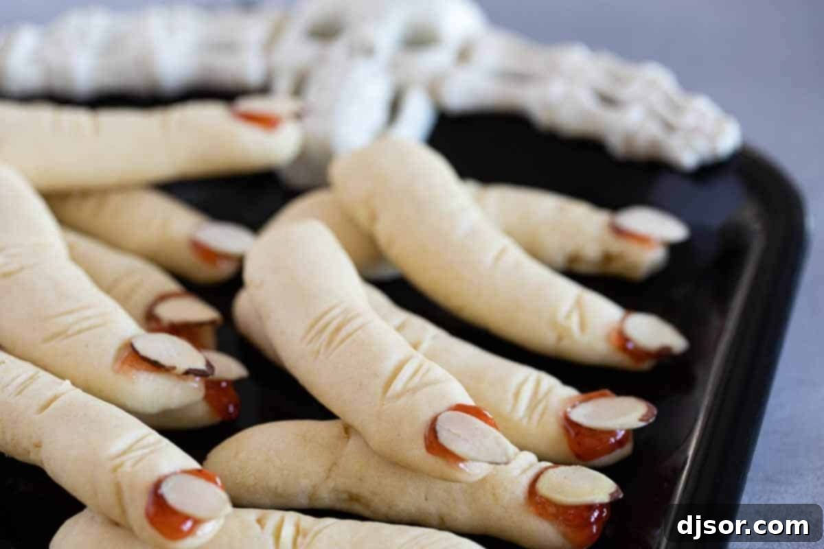 Close-up of Witch Finger Cookies Shortbread cookies shaped like witch fingers.