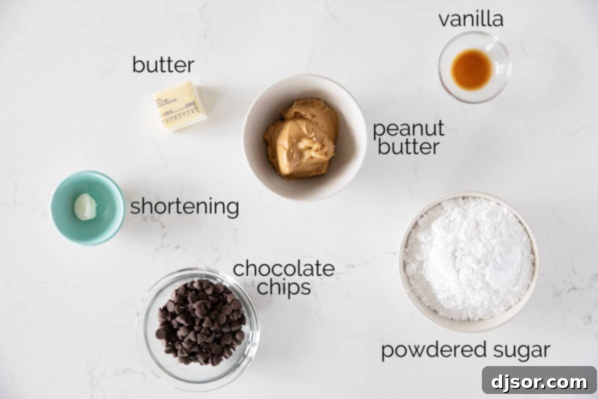 Gather Your Simple Ingredients for Irresistible Buckeyes Ingredients needed to make Buckeye Recipe, neatly laid out on a table.