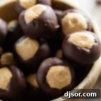 Decadent Buckeye Delights 2 Peanut butter balls covered in chocolate - Buckeyes in a bowl.