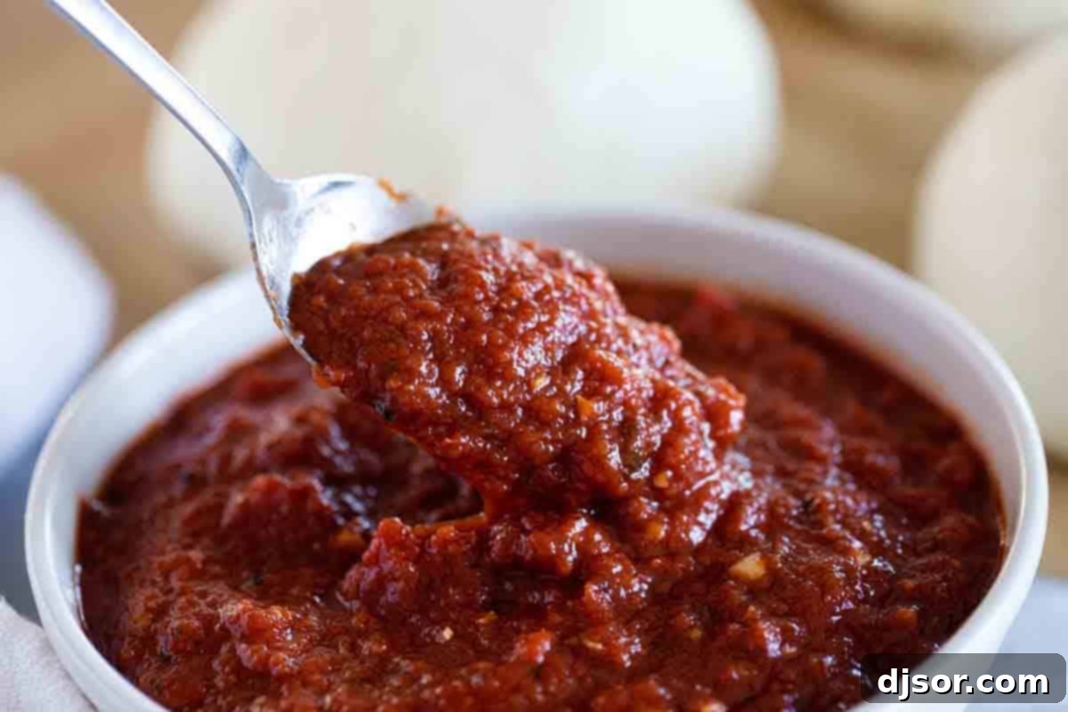 A spoonful of delicious homemade pizza sauce in a bowl, ready for your next pizza. Bowl with pizza sauce recipe with a spoon.