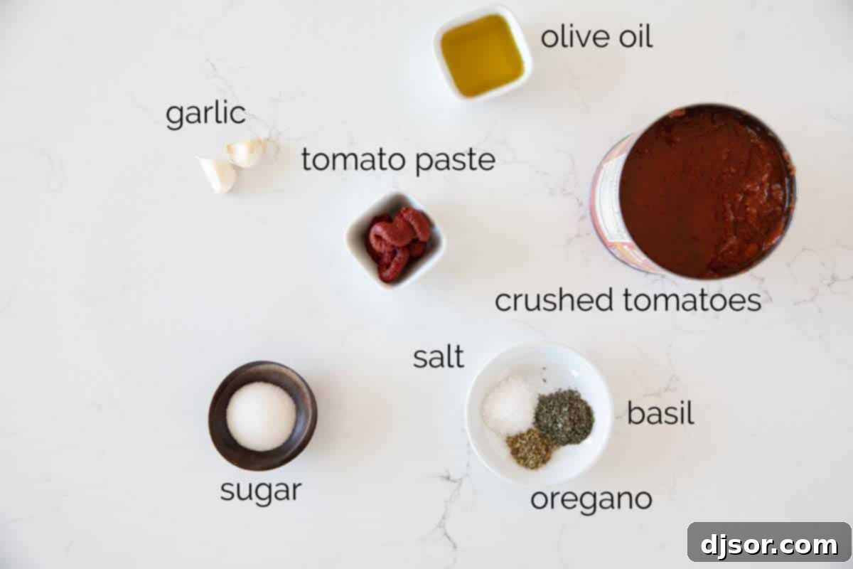 Fresh ingredients laid out for making the best homemade pizza sauce. Ingredients to make pizza sauce recipe.