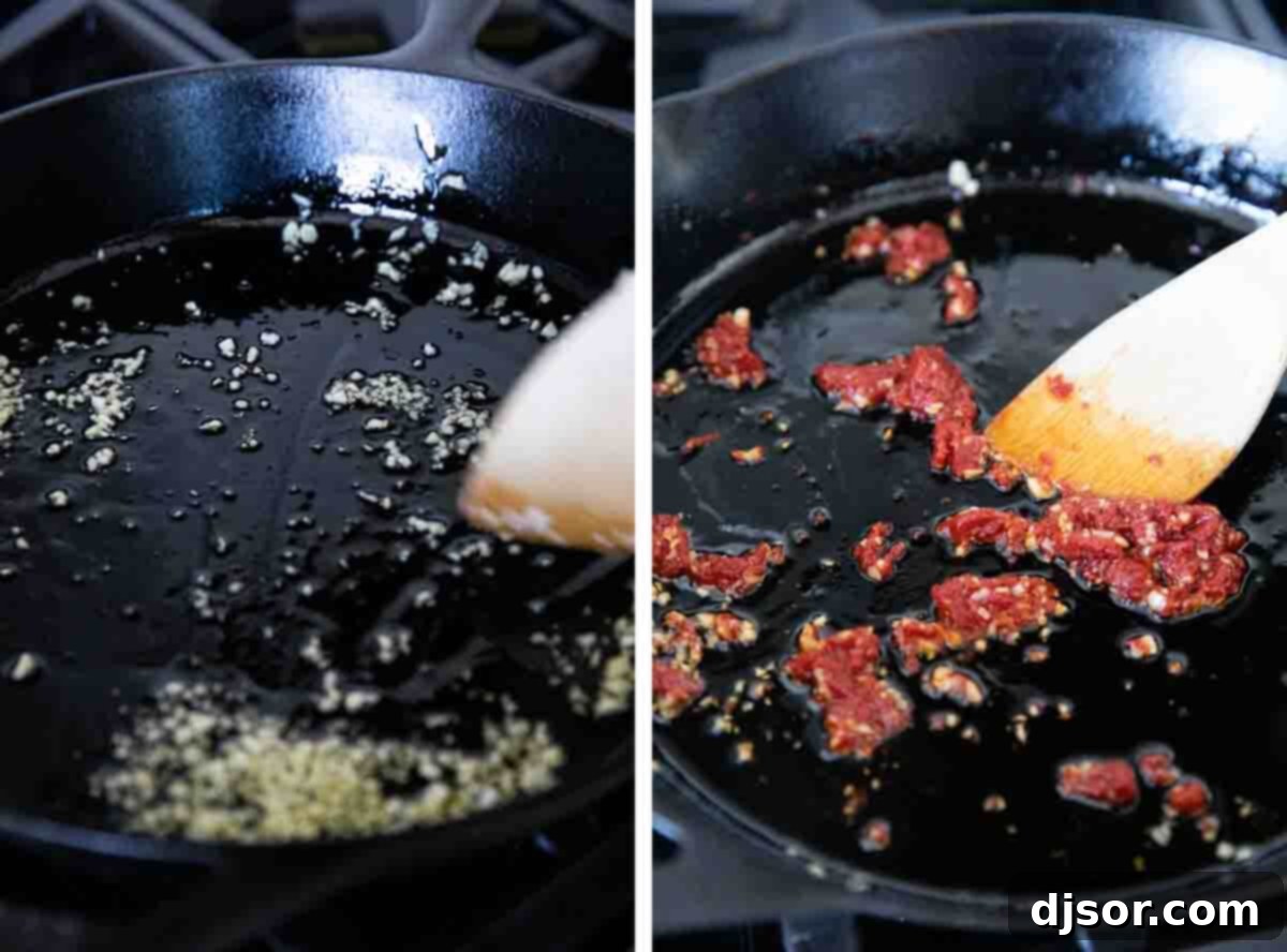 Sautéing garlic and adding tomato paste to a skillet for a rich pizza sauce base. Sauteing garlic and adding tomato sauce to a skillet.