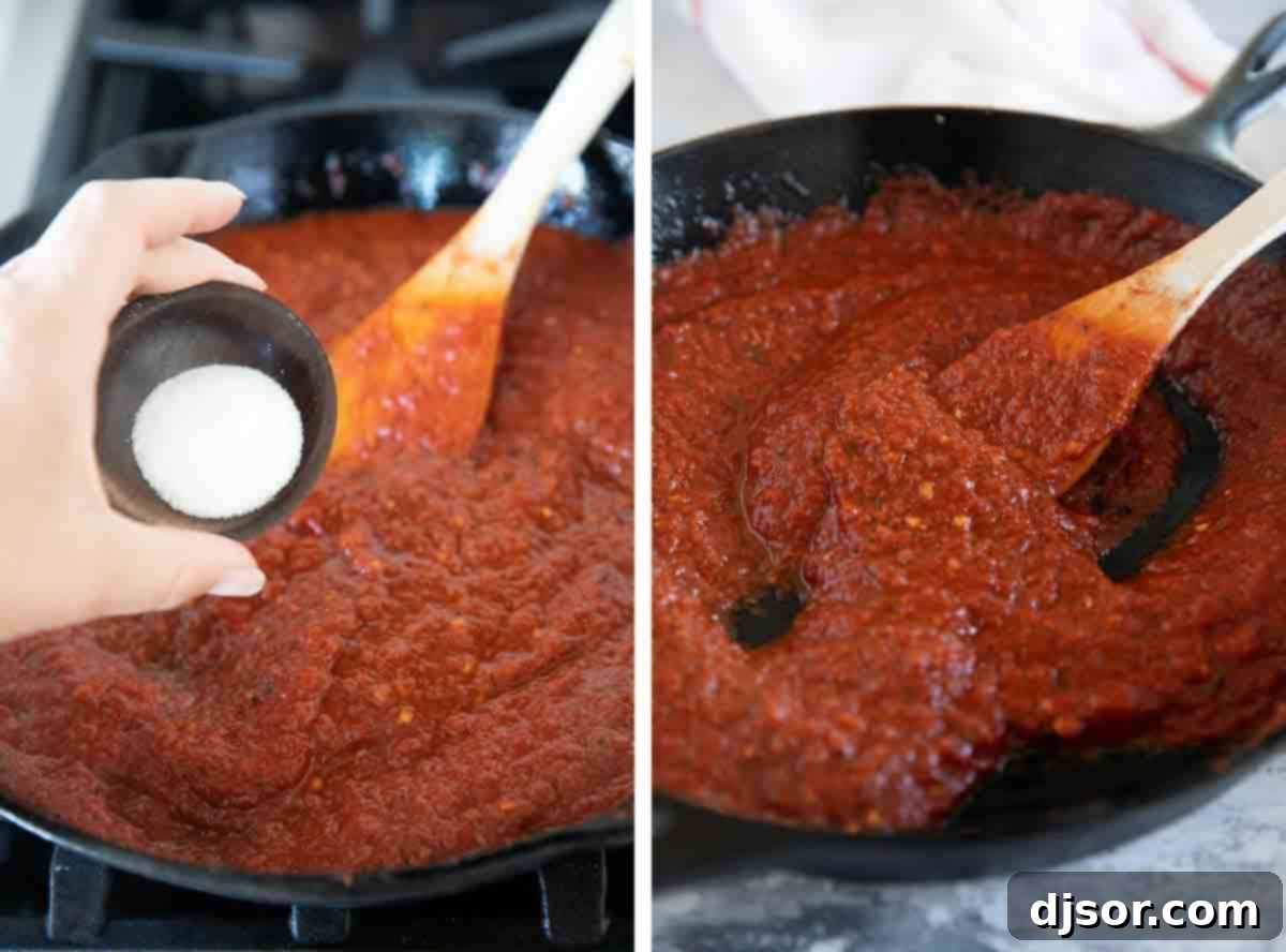 Adding a touch of sugar to balance the flavors of homemade pizza sauce. Adding sugar to pizza sauce.