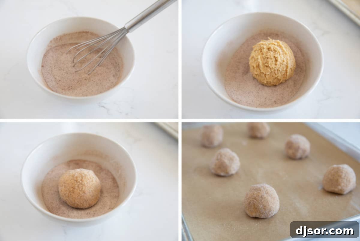 Rolling cookie dough in cinnamon sugar.