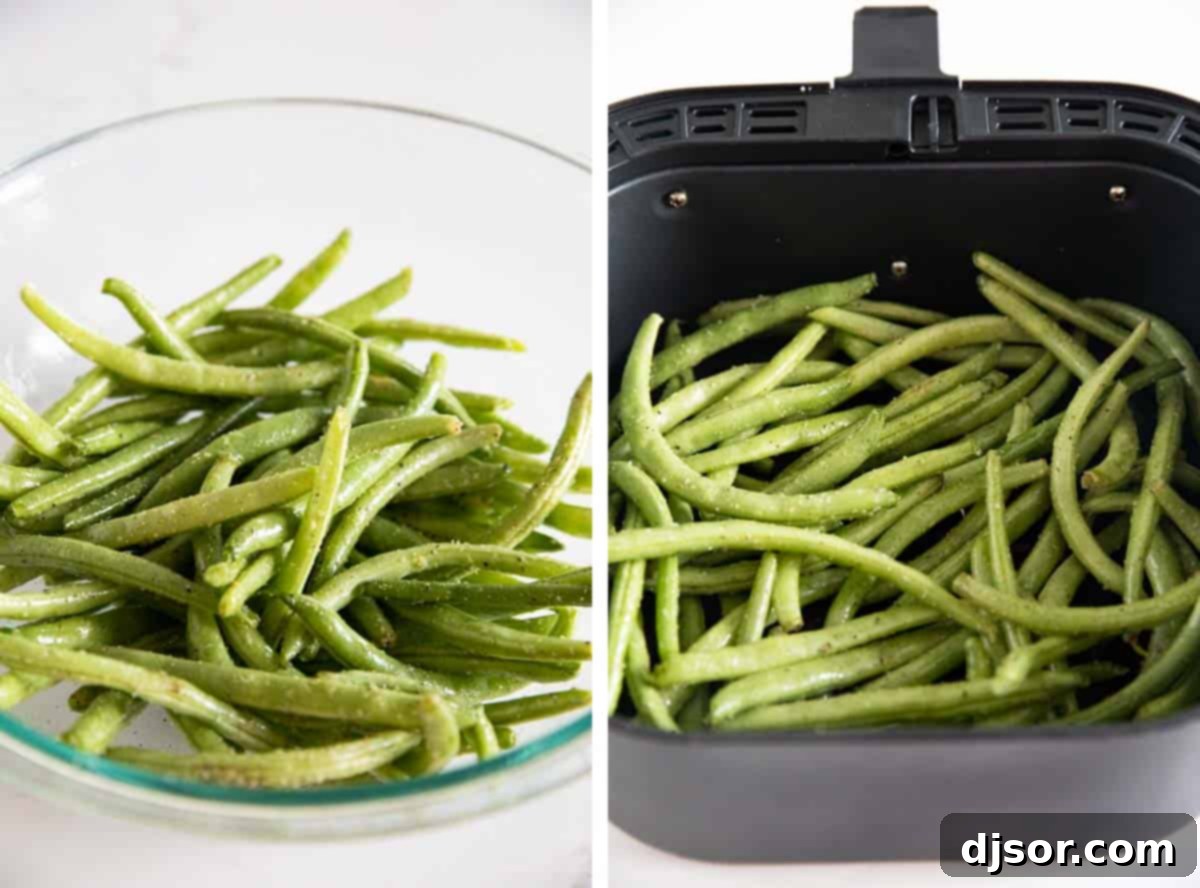 Simple cooking steps for crispy Air Fryer Green Beans. A step-by-step visual guide showing green beans being seasoned in a bowl and then placed into an air fryer basket.