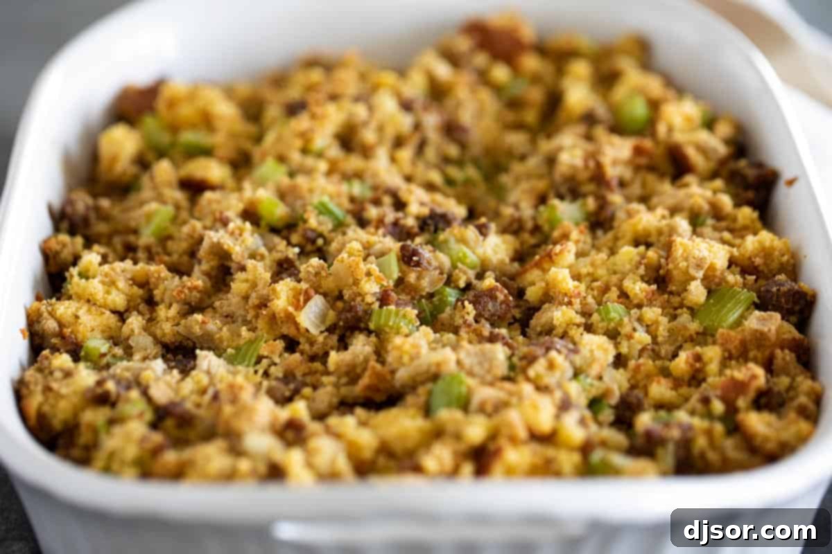The Ultimate Cornbread Stuffing with Sausage: A Holiday Table Star White casserole dish filled with golden brown cornbread stuffing, ready to be served.