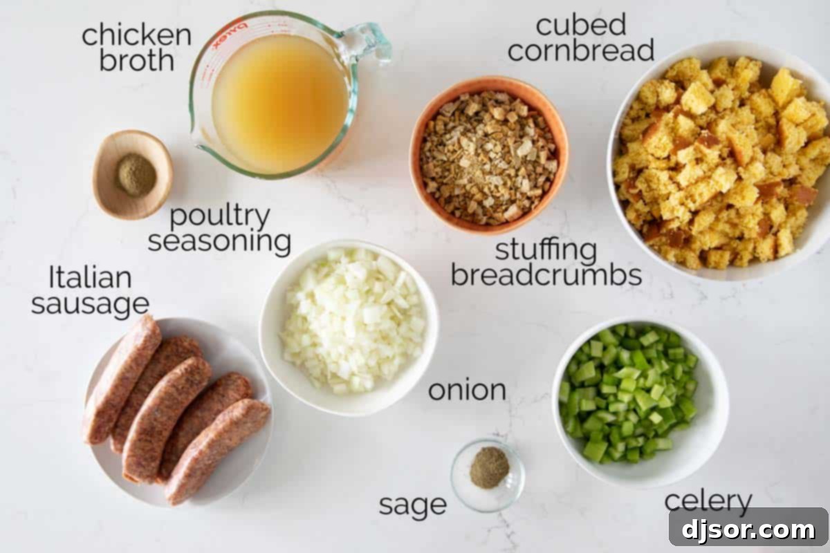 The Ultimate Cornbread Stuffing with Sausage: A Holiday Table Star Fresh ingredients laid out for making Cornbread Stuffing with Sausage, including sausage, vegetables, cornbread cubes, and seasonings.